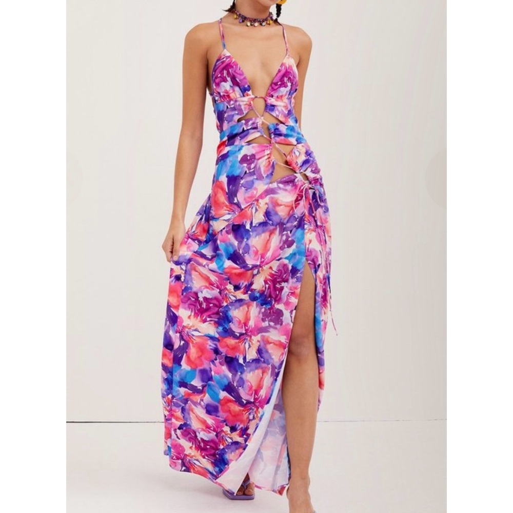 Watercolor Lace-up Cutout Natasha Maxi Dress
